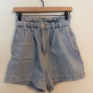Zara High Waist Denim Paper Bag Shorts with Ruffle Waist Trim